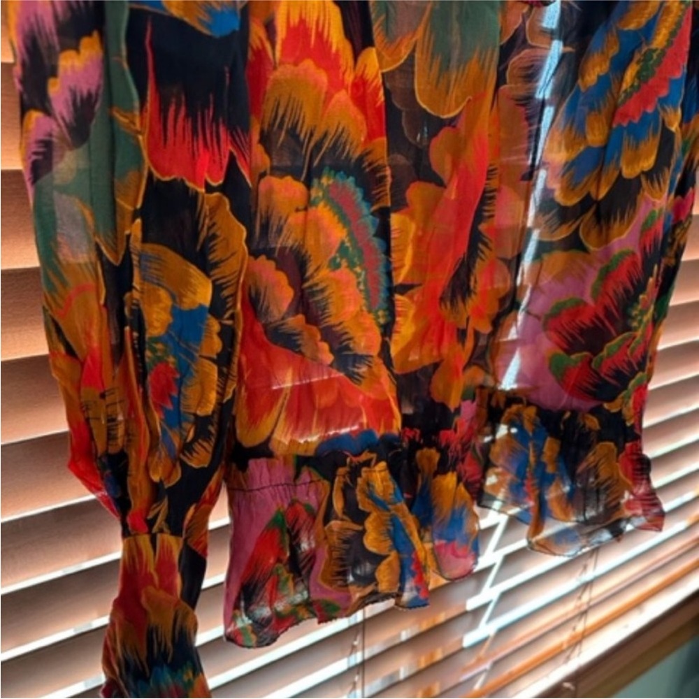 FARM RIO Colorful Flowers Smocked Yoke Blouse Mock Neck - Picture 3 of 3